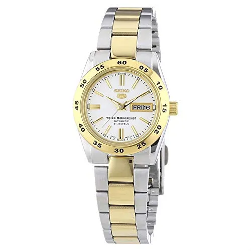 Seiko 5 Damen-Uhr Edelstahl SYMG42K1 - stilvolle Armbanduhr mit Goldauflage, bis zu 50 Meter wasserdicht und umweltfreundlicher LumiBrite-Leuchtbeschichtung