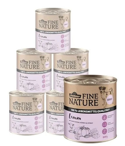 Dehner Fine Nature Hundefutter, Nassfutter getreidefrei für ausgewachsene Hunde - Premium-Nassfutter ohne Getreide und Zucker, 100% natürliche Zutaten wie Lamm, Kartoffeln und Spinat für ernährungssensible Hunde.