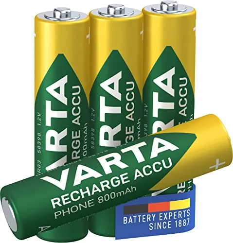VARTA Batterien AAA, wiederaufladbar, 4 Stück, Recharge Accu Phone, Akku, 800 mAh Ni-MH, sofort einsatzbereit, geeignet für schnurlose Telefone