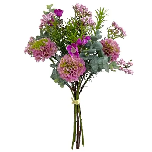 creativ home Künstlicher Pompondahlien-Mixbund, Tischdekoration Kunstblumen Kunstpflanzen Blumenstrauß mit Dahlien Eukalyptus. Rosa Lila PINK