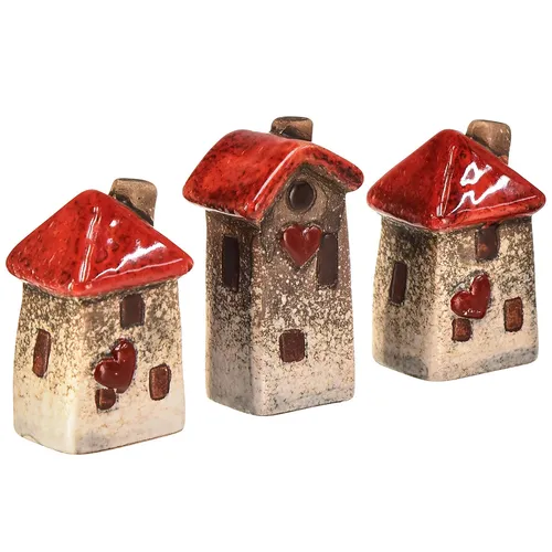 Keramik-Dekohäuschen 6er Set – Miniaturhaus Deko rot – Fenster & Herz Motiv 6