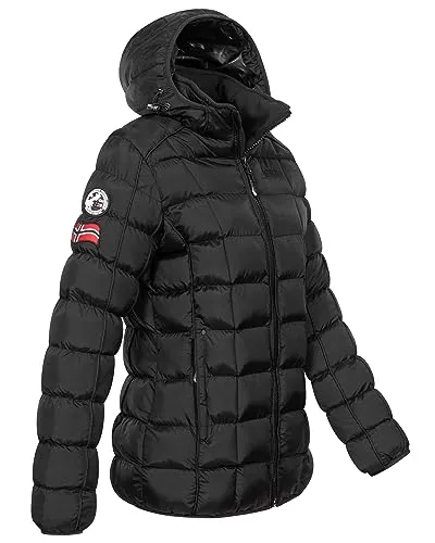Geographical Norway Damen Steppjacke Parka Winterjacke Warm Gesteppt Outdoor Jacke Kapuze, Farbe:Schwarz, Größe:M 38