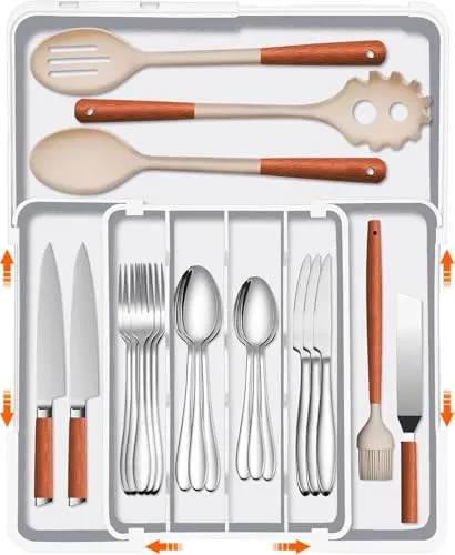 ZHUlYIWIN Besteckkasten für Schubladen, verstellbarer Schubladen Organizer Küche mit 2 Messerhalter, Erweiterbarer Besteckeinsatz für Schubladen Cutlery Organizer Kücheaus aus Kunststoff (Weiß-X)