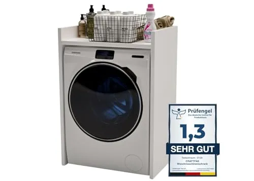 CraftPAK Waschmaschinenschrank für Waschmaschine & Trockner - Platzoptimierter Überbauschrank mit Ablagefläche und geräuschreduzierender Konstruktion, ideal für Badezimmer.
