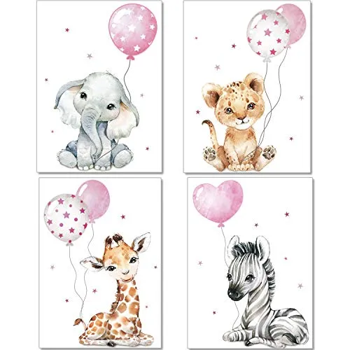 artpin® Poster Kinderzimmer Deko - Bilder Babyzimmer für Mädchen - Safari Dschungel Tierposter Grau Rosa Luftballon P64