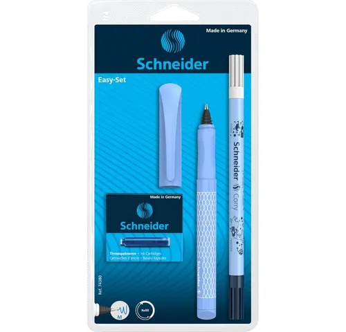 SCHNEIDER NOVUS Füllhalter Easy Ball mit Tintenlöscher und 6 Patronen - Praktischer Patronenroller mit Tintenlöscher und 6 blauen Patronen. Gummiertes Griffprofil für angenehmes Schreiben. Ideal für den täglichen Gebrauch.