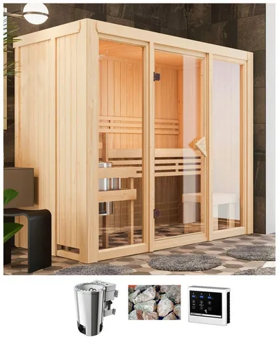 Karibu Sauna Alani 2 – Kompakte Elementsauna mit Bio-Ofen - Komfortable Elementsauna mit 68 mm Wandstärke und hervorragender Energieeffizienz. Ideal für entspannende Momente, mit vorgefertigten Wandelementen und einem Außenmaß von 216 x 122 cm.