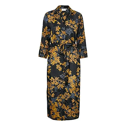 KAFFE Kleid KAmilana Damen Maxi Print Langarm V Ausschnitt - Freizeitkleider für Damen, aus leicht gewebter Viskose (LENZING ECOVERO) mit Knopfleiste und Bindegürtel für eine perfekte Passform.