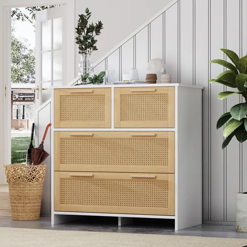 Merax Kommode mit Rattandekor - Moderne Kommode in Holzfarbe mit Rattan-Schubladen, ideal für Schlafzimmer oder Flur, bietet mit 4 tiefen Schubladen ausreichend Stauraum.