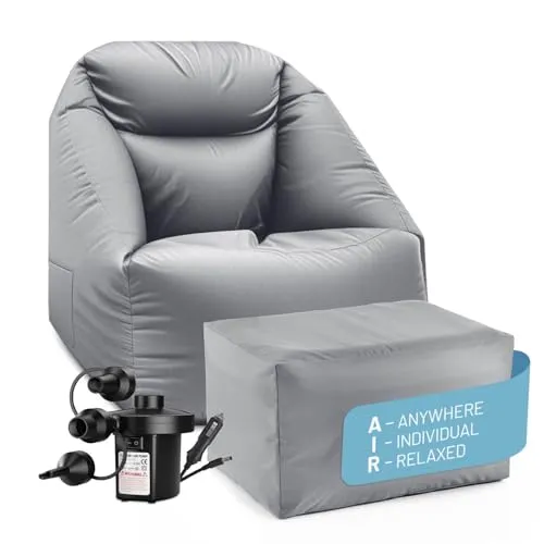 Lumaland CrozyAir Relax-Set XL - Aufblasbarer Sessel + Hocker mit Luftpumpe 2GO - Erlebe individuellen Sitzkomfort mit dem Lumaland CrozyAir Relax-Set XL! Aufblasbarer Sessel und Hocker für Garten und Strand, wasserabweisend und bis 150 kg belastbar. Ideal für entspannte Stunden im Freien. Schnell und unkompliziert aufpumpen!