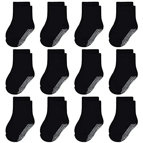 GRPSKCOS Rutschfeste Socken Kinder 12 Paar Stoppersocken Kinder ABS Socken Kinder Antirutschsocken für Jungen Mädchen(#3 Schwarz -12 Paare,7-10 Jahre)