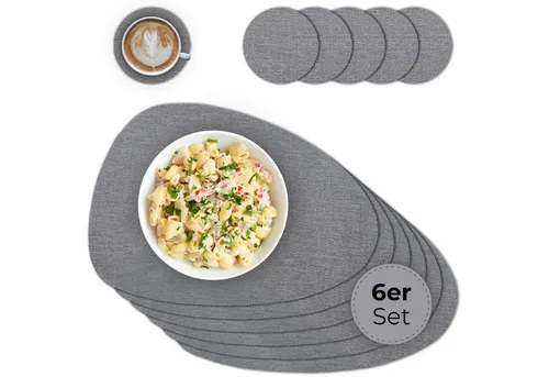 matches21 HOME & HOBBY Platzset Ovales Tischset mit Glasuntersetzer, 6er Set, in Grau meliert, (6-St), Hitzebeständige abwaschbare PVC Platzsets