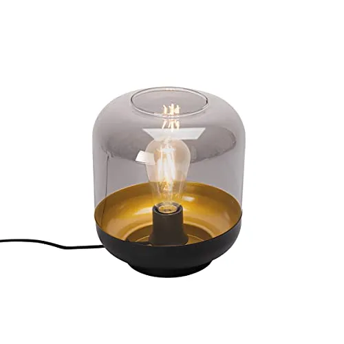 Qazqa Design Tischleuchte mit Glas, Tischlampe - Kyan - Schwarz mit Rauchglas, Rund, max. 40W, Geeignet für LED, 23.5cm, Ideal als Flur, Schlafzimmerlampe, Küche lampe, Wohnzimmerlampe und