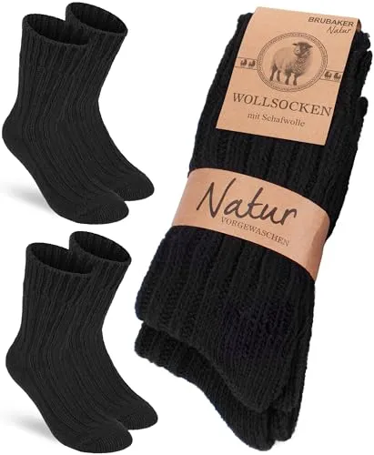 BRUBAKER 2 Paar Wollsocken - Wintersocken für Damen und Herren - Warm und Flauschig - Winter Socken Set mit Schafwolle - Thermosocken Stricksocken - Schwarz - Größe 43-46