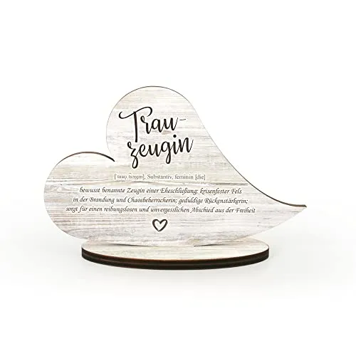 Kreative Feder Dekorativer HERZ-AUFSTELLER „Trauzeugin“- Holz-Deko mit Standfuß und Worterklärung wie aus dem Lexikon (Trauzeugin)
