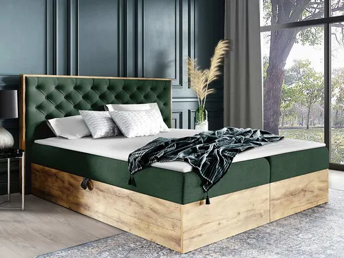 Mirjan24 Boxbett Eiche Wotan, 200x200 cm, Grüner Textilbezug - Stilvolles Boxbett mit praktischem Bettkasten für zusätzlichen Stauraum. Ideal für ein modernes Schlafzimmer, komfortabel und einladend.