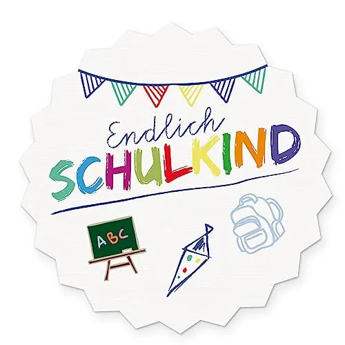 Produktbild itenga 10x Sticker Einschulung Schulanfang Aufkleber Endlich Schulkind Tafel rund Gastgeschenk Geschenkverpackung (weiß)