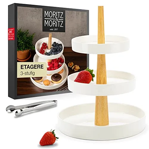 Moritz & Moritz Obst Etagere 3 Etagen - Elegante Porzellan Präsentation - Serviergeschirr mit 3 Etagen für stilvolle Präsentation von Obst, Muffins und Snacks. Inkl. Zange, spülmaschinen- und mikrowellengeeignet, perfekt für Feste und als Geschenk.