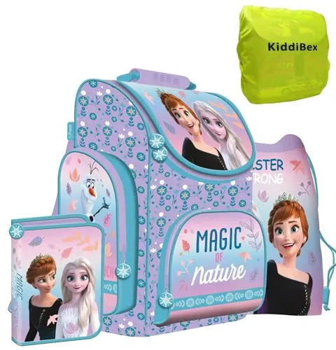 KiddiBex Frozen Schulranzen Set 4-tlg. - Eiskönigin Elsa für Mädchen - Schultaschen-Set für die 1. Klasse mit ergonomischem Design, ideal für die Einschulung. Inklusive Turnbeutel, Federmäppchen und Regenschutz - perfekt für kleine Prinzessinnen!