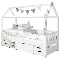 Mid.you Hausbett Ticaa 953760 - Traumhaus für Kinder - Stilvolles Hausbett (90x200 cm) aus massivem Kiefernholz in Weiß mit viel Stauraum und individueller Dekorationsmöglichkeit, ideal für kreative Kinderzimmer.