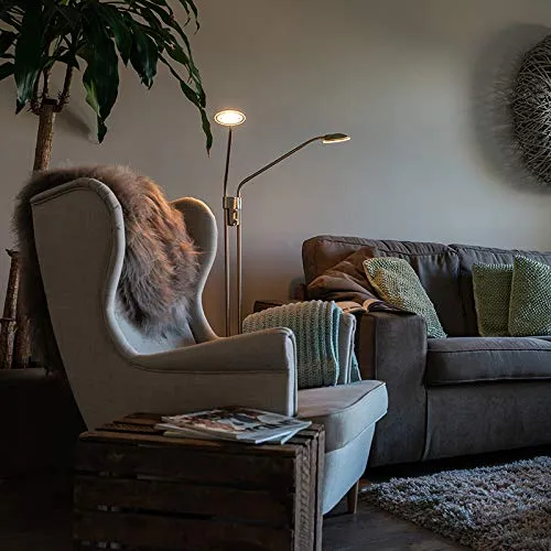 QAZQA Moderne Stehleuchte mit Leseleuchte - Dimmbar und elegant - Stilvolle Stehlampe aus mattem Nickel mit integrierter Leselampe. Ideal für Wohnzimmer und Schlafzimmer, inklusive dimmbaren LED-Leuchtmitteln für individuelle Lichtstimmungen.