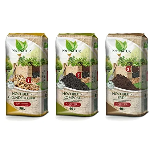Pro Natur Hochbeet Erde Set 50 l + 40 l Kompost + 40 l Erde - Erde für Hochbeete, enthält hochwertige Rohstoffe für ökologisches Gärtnern und einfache Anwendung in drei Schritten.