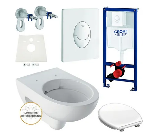 Grohe Vorwandelement WC mit Spülkasten Geberit Renova - Komplettset - Komplettset für die einfache Montage eines spülrandlosen WCs. Inkl. sämtlichem Zubehör und TÜV-geprüften Komponenten. Ideal für Vorwand- oder Ständerwandmontage, platzsparend und zuverlässig.