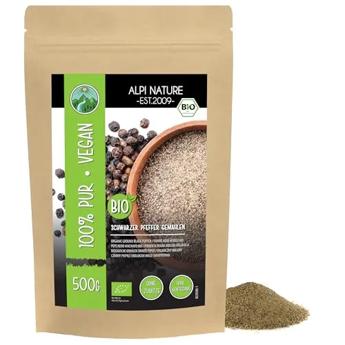 Alpi Nature Schwarzer Pfeffer gemahlen BIO 500g, Pfefferkörner schwarz gemahlen, Pfeffer schwarz bio