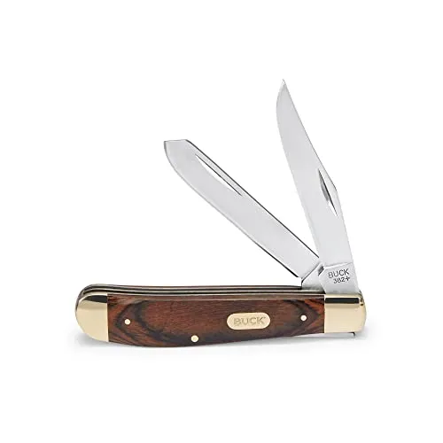 Buck Taschenmesser TRAPPER - Klappmesser mit Spey Point und Clip Point Klinge aus rostfreiem 420J2 Stahl, eleganten Neusilberbeschlägen und dunklem Pakkaholzgriff. Leicht und handlich, ideal für Outdoor-Aktivitäten.