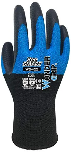 Wonder Grip WG-422 Bee-Smart - Arbeitshandschuhe mit Latexbeschichtung, Hitzeschutzhandschuh für sicheres Greifen, Atmungsaktiv, gr M / 8, Farbe: Blau/Schwarz