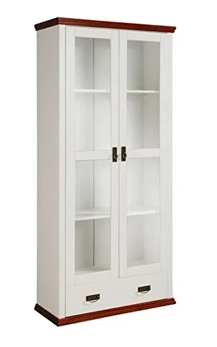 clever-moebel Glasvitrine, Vitrinenschrank aus Kiefernholz, weiß/kirschbaumfarben lackiert, Wohnzimmer-Schrank