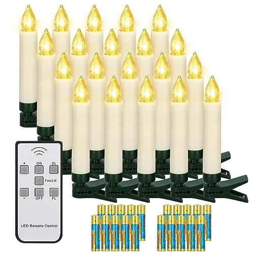 yunsheng 20 Stk Weihnachten LED kerzen, Kabellose Weihnachtsbaumkerzen mit Fernbedienung Timer, Batteriebetriebene Flammenlose Flackern Christbaumkerzen lichterkette, IP64, (Enthält 20 AAA-Batterien)