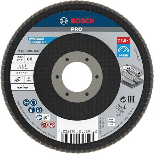 Bosch 1x PRO Metal X571 Fächerschleifscheibe, abgewinkelte Ausführung, Fiber, für kleine Winkelschleifer (für Stahl, Edelstahl, Ø 115 mm, Körnung 80, Professional Zubehör Kleiner Winkelschleifer)