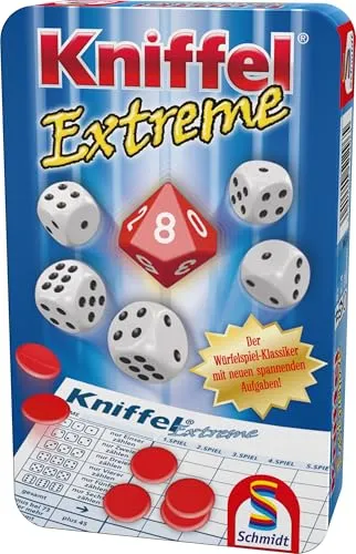 Schmidt Spiele 51296 Kniffel Extreme - Würfelspiel in Metalldose - Würfelspiel für 2-4 Spieler ab 8 Jahren, mit einfachen Regeln und spannendem zehnseitigem Würfel, ideal für schnelle Spielrunden von ca. 20 Minuten.