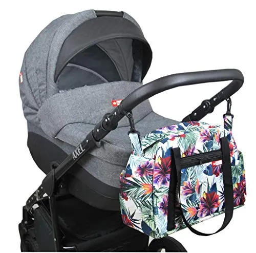 BabyLux Wickeltasche COLORFUL Kinderwagen Buggy Große Handtasche Babytasche mit Befestigung für Mutter Handtasche (80. Grau + Hibiskus)