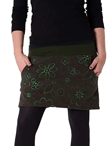 Vishes - Warmer Fleece Rock mit aufgestickten Blumen dunkelgrün 44 - Eleganter Fleece Rock mit elastischem Bund und praktischen