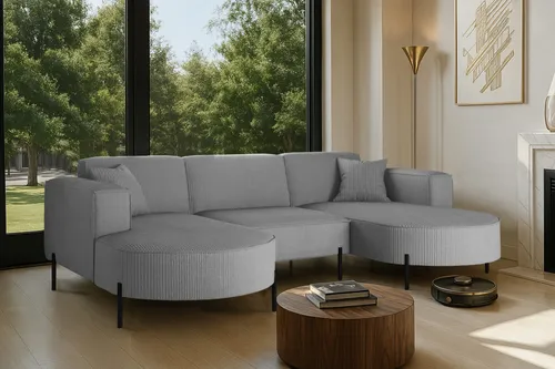 Kaiser Möbel Ecksofa Modena U Rein Stoff Poso Silber - Ecksofa Modena U, modernes Design mit massiver Holzkonstruktion und robustem Poso-Cordstoff, ideal für Haustierbesitzer und sorgt für höchsten Sitzkomfort.