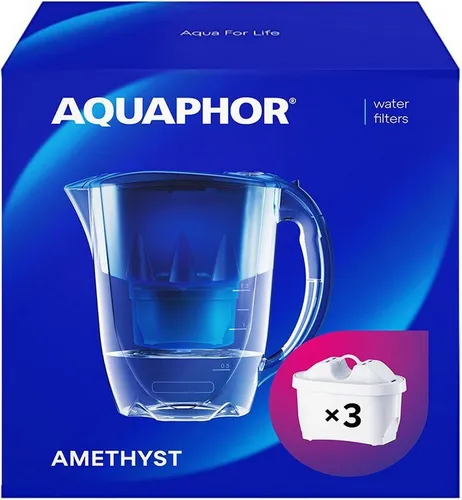 AQUAPHOR Wasserfilter SET Amethyst Filterkanne blau inkl. 3 Filter MAXFOR+, Zubehör für Filterkartuschen MAXFOR+, +H hartes Wasser & MAXFOR+ Mg. Magnesium, 200 l, Reduziert Kalk, Chlor & weiteren Stoffen. BPA fre