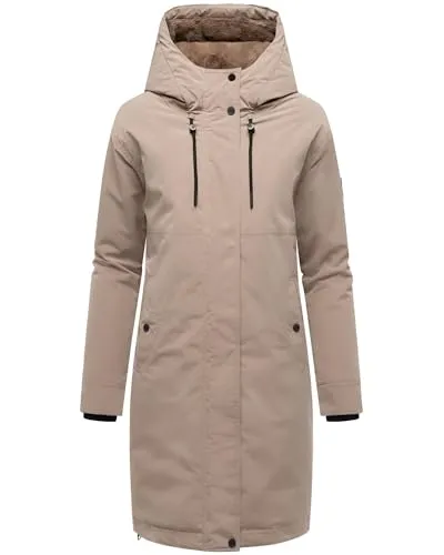 Navahoo Damen Langer Mantel warme Winterjacke mit Kapuze Hageltanz 14 Taupe Grey Gr. L