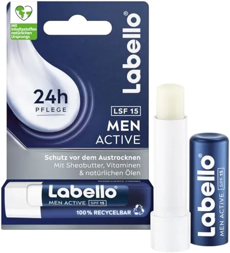 Labello Men Active Lippenpflegestift mit LSF 15, hochwirksame Lippenpflege für Männer mit Sheabutter, Vitaminen und natürlichen Ölen, Lippenbalsam für 24h Feuchtigkeit (4,8 g)