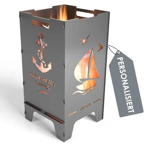 MOCAVI Feuertonne Heimathafen 73 cm | 3 mm Stahl personalisiert Feuerkorb Feuerschale sicher massiv robust Design-Feuerfass für Garten und Terrasse groß eckig Feuerstelle Outdoor hitzefest außen
