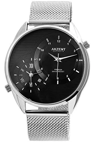 Akzent Exclusive Herren – Uhr Meshband Armbanduhr 2 Zeiten Analog Quarz 2300010 (Schwarz)