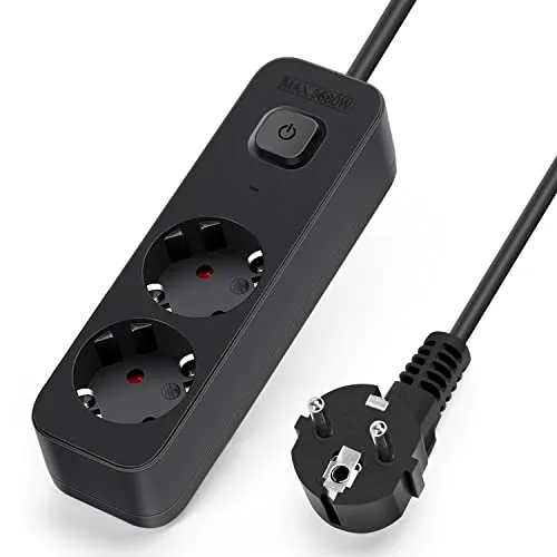 Aigostar Steckdosenleiste 2-fach, Mehrfachsteckdose mit Schalter, Mehrfachstecker Verlängerungskabel 3m Kabel, Schwarz