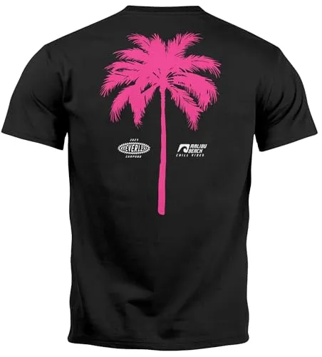 Neverless® Herren T-Shirt mit Palmen-Print Baumwollstoff und Grafik Aufdruck Sommer Fashion Streetstyle Schwarz-pink XXL