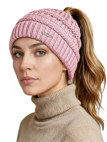 Neverless® Damen Strickmütze Mütze Zopfloch Grobstrick Ungefüttert Wintermütze Langhaar Frauen Rosa Unisize
