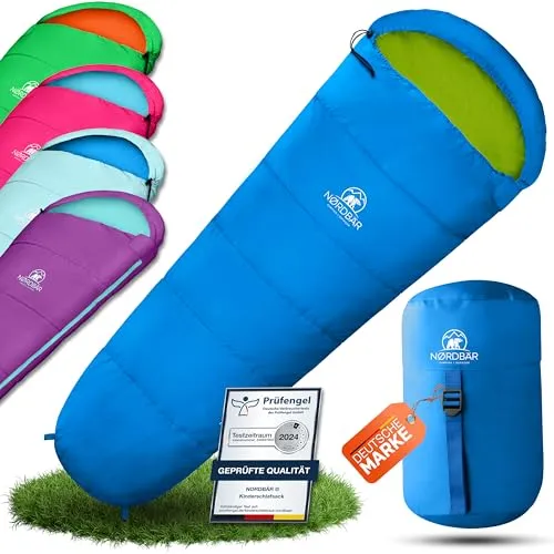 NORDBÄR® Kinderschlafsack für Jungs & Mädchen bis 145 cm - Mumienschlafsack für Kinder, leicht und warm, mit 100% Baumwolle Innenfutter und Platzsparendem Kompressionsbeutel – ideal für Reisen und Camping!