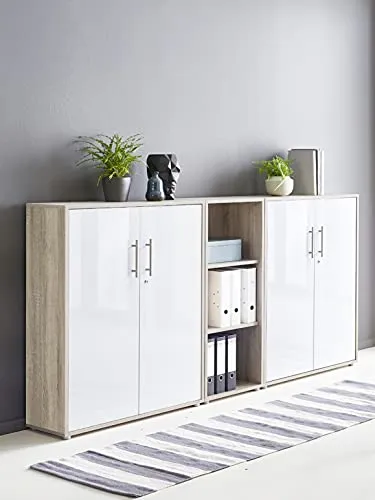 Schrankwand TABOR 8 Büroregal Aktenschrank Büroschrank abschließbar in diversen Farbvarianten (Sonoma Eiche/weiß Hochglanz)