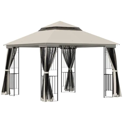 Outsunny Gartenpavillon Beige mit Doppeldach und 4 Seitenteilen
