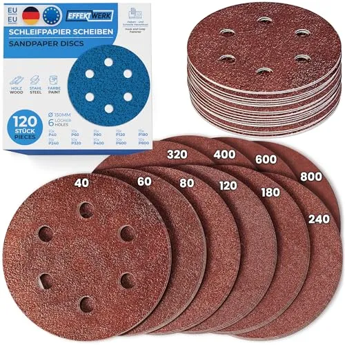 EffektWerk Schleifscheiben (120er-Pack, 6 Löcher), 150 mm Schleifpapier mit mehreren Körnungen (40, 60, 80, 120, 180, 240, 320, 400, 600, 800)
