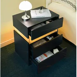 Nachttisch Modern Aus Holzwerkstoff In Schwarz-gold, 3 Schubladen, Acrylpaneel Mit Rgb-led